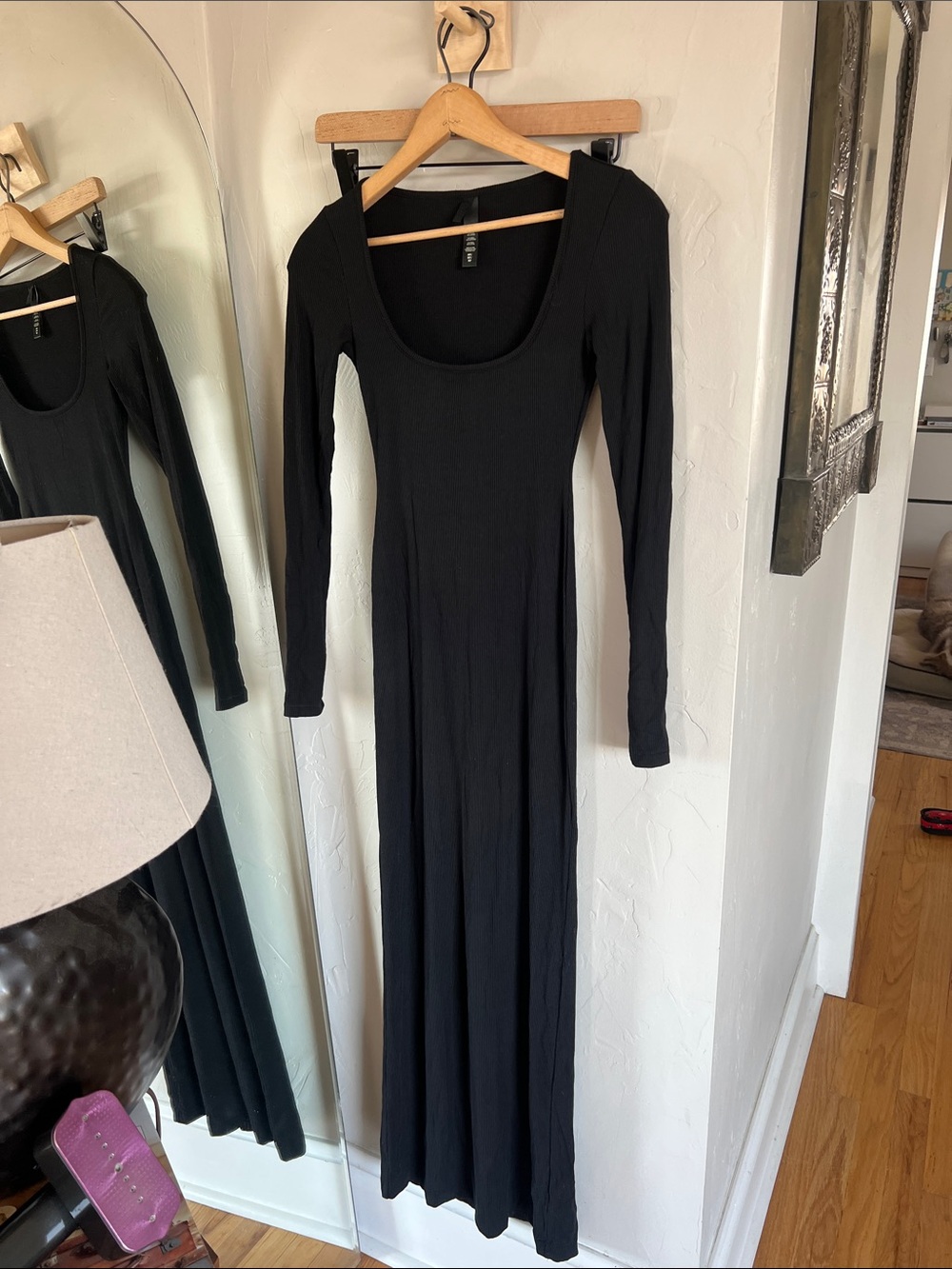 Skims Classic Long Sleeve Black Scoop Neck Maxi Dress